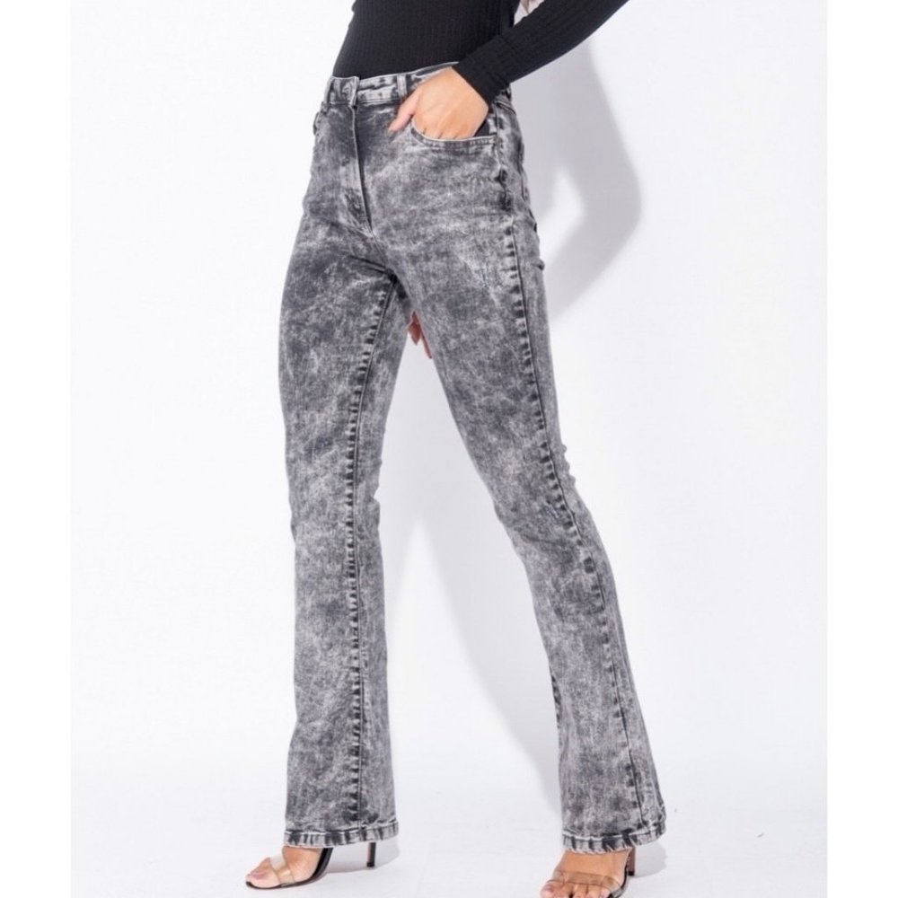 Gray Acid Wash High Waist Skinny Flare Denim Jeans - Picture 6 of 10